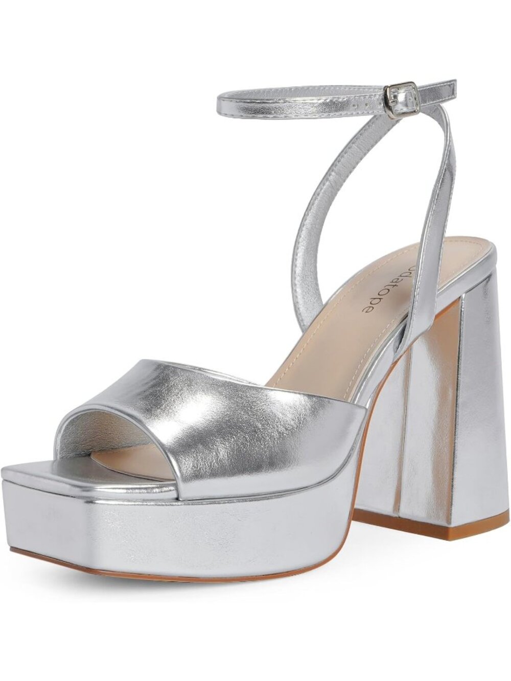 Women's Silver Faux Leather Chunky Open Toe Ankle Strap Wedding Pumps Heels